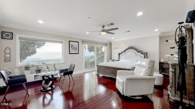 bedroom with crown molding, dark wood-type flooring, access to exterior, and ceiling fan