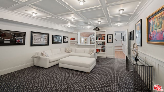 living room with crown molding, coffered ceiling, and dark colored carpet