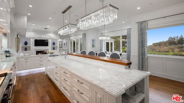 kitchen with white cabinetry, dark hardwood / wood-style flooring, a large island, and light stone counters