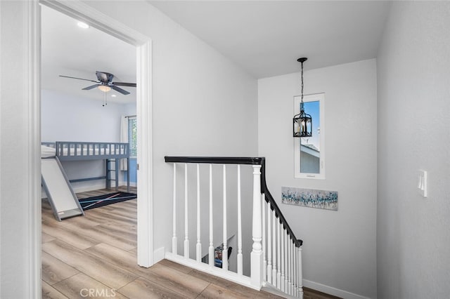 staircase featuring hardwood / wood-style flooring and ceiling fan