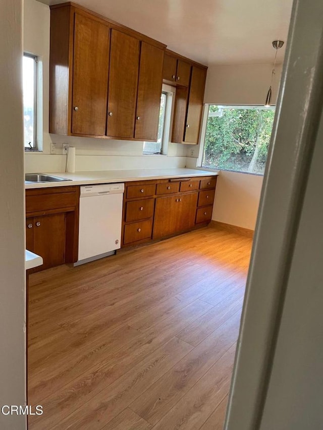 kitchen with hanging light fixtures, sink, dishwasher, and light wood-type flooring