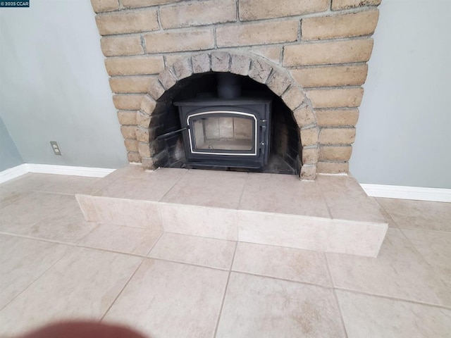 room details featuring a wood stove