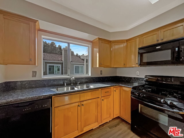 kitchen featuring dark stone countertops, sink, hardwood / wood-style floors, and black appliances