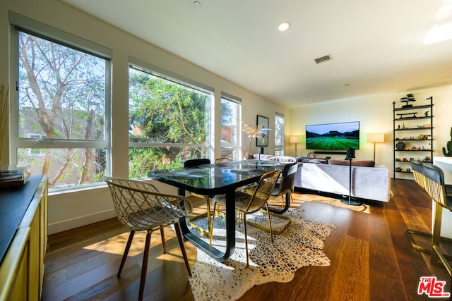 dining area featuring dark wood-type flooring