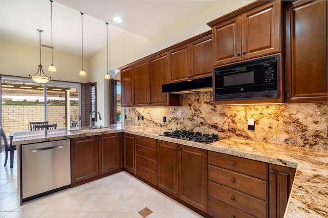 kitchen with sink, decorative light fixtures, black microwave, gas cooktop, and stainless steel dishwasher