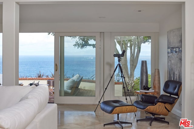 interior space featuring a water view