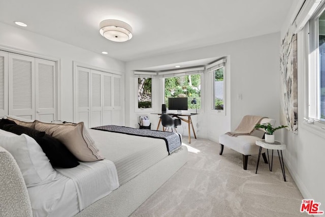 bedroom with light carpet and two closets