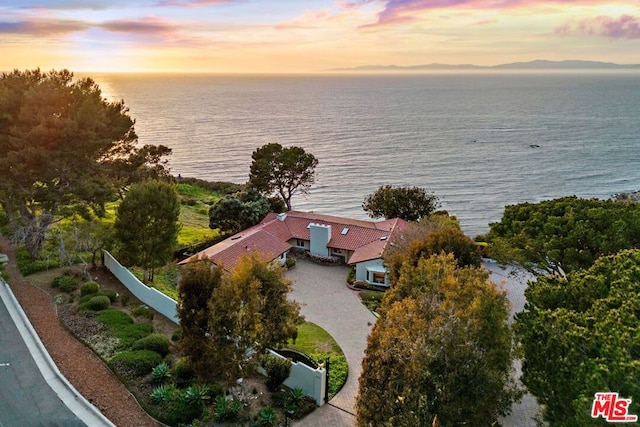 aerial view at dusk with a water view