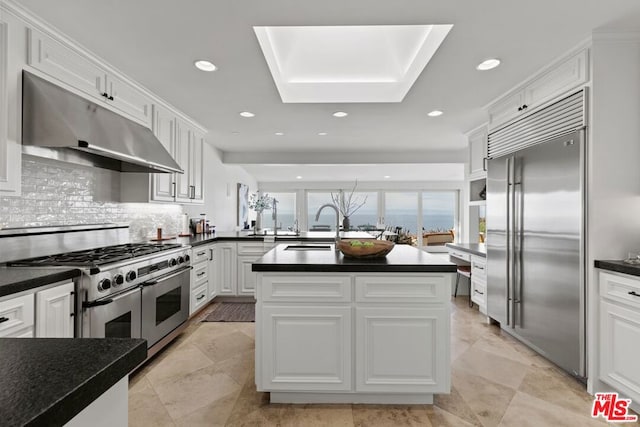 kitchen featuring sink, a center island, premium appliances, white cabinets, and kitchen peninsula