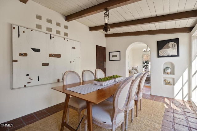 dining room with beamed ceiling, wooden ceiling, and tile patterned floors