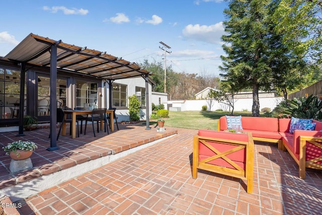 view of patio / terrace featuring a pergola and outdoor lounge area