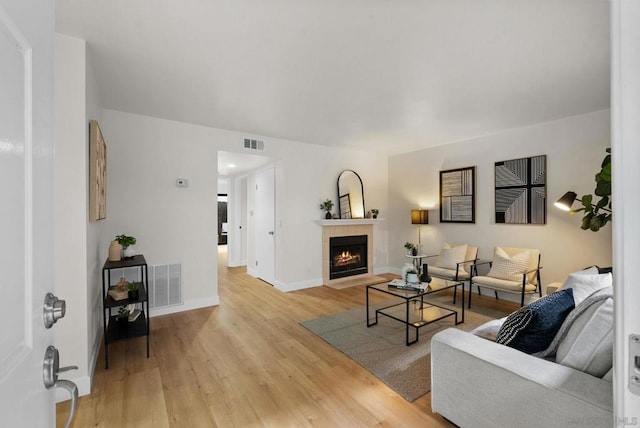 living room featuring light hardwood / wood-style floors and a tile fireplace