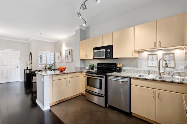 kitchen with sink, ornamental molding, stainless steel appliances, and kitchen peninsula