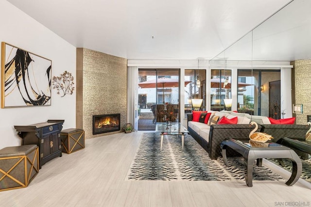 living room featuring wood-type flooring and a fireplace