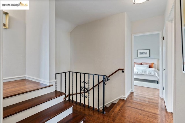 stairway featuring wood-type flooring