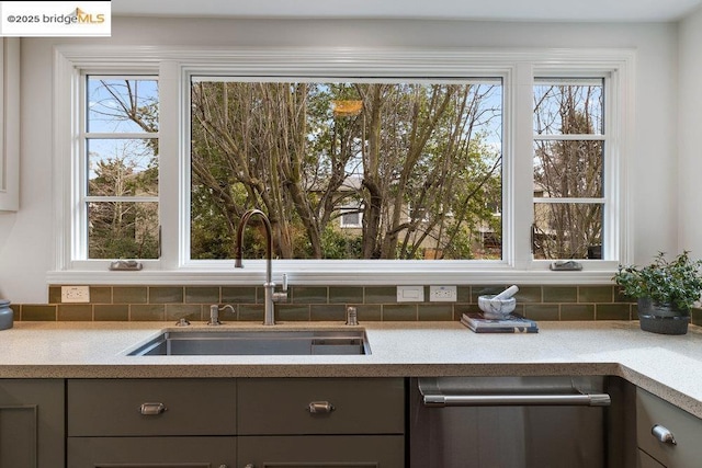 kitchen with sink, stainless steel dishwasher, and decorative backsplash