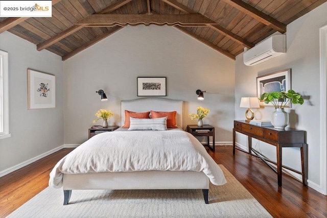 bedroom with beamed ceiling, dark hardwood / wood-style flooring, wood ceiling, and a wall unit AC