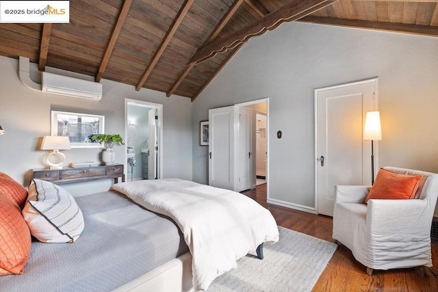 bedroom with beam ceiling, wooden ceiling, dark hardwood / wood-style floors, and a wall mounted AC