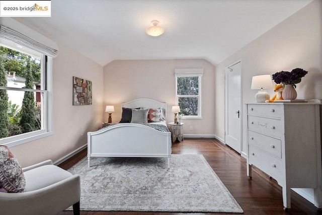 bedroom featuring lofted ceiling and dark hardwood / wood-style floors