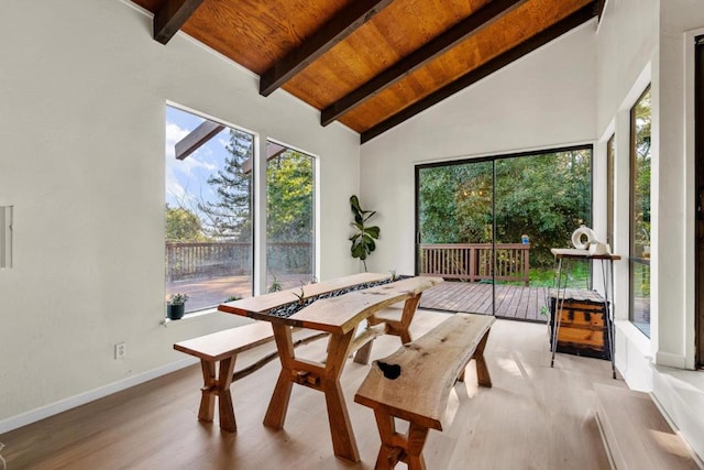 sunroom with lofted ceiling with beams and wooden ceiling