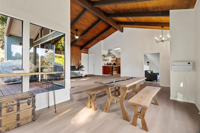 interior space featuring wood ceiling, high vaulted ceiling, light wood-type flooring, beamed ceiling, and ceiling fan with notable chandelier