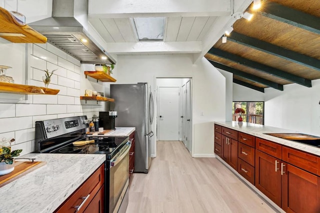 kitchen featuring light wood-type flooring, appliances with stainless steel finishes, island exhaust hood, light stone countertops, and decorative backsplash