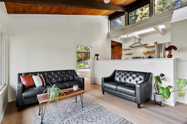 living room featuring beamed ceiling, high vaulted ceiling, wooden ceiling, and light hardwood / wood-style floors