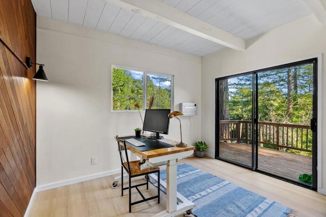 office with wood ceiling, beam ceiling, and light hardwood / wood-style floors