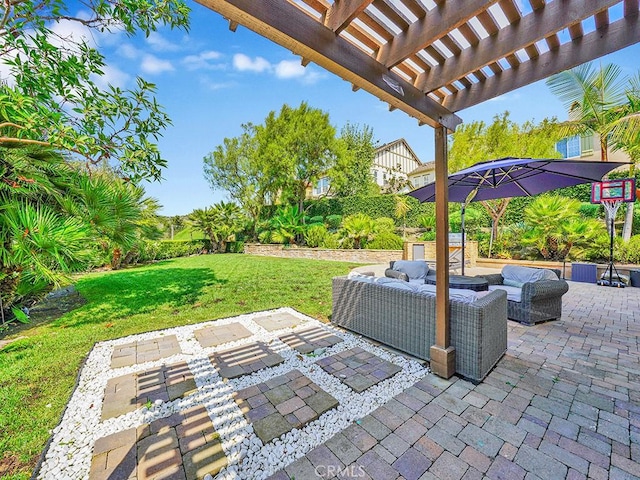 view of patio with an outdoor living space and a pergola