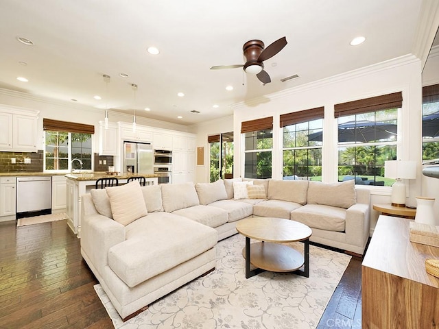 living room with crown molding, ceiling fan, sink, and dark wood-type flooring