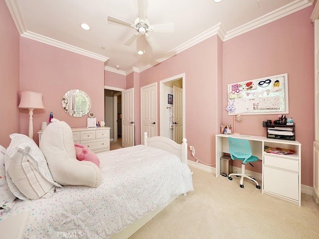 carpeted bedroom with crown molding and ceiling fan