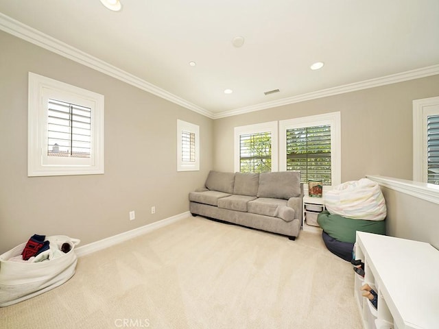 carpeted living room with crown molding