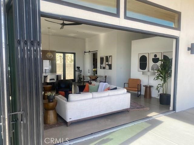 living room with a barn door