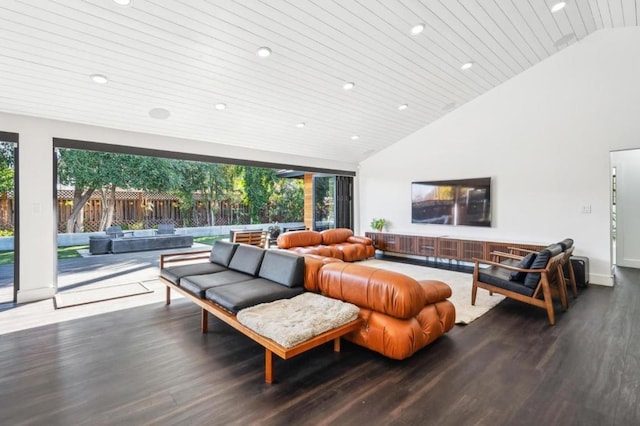 living room featuring wood ceiling, wood-type flooring, and high vaulted ceiling