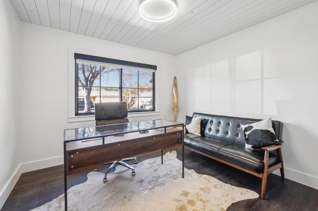 home office with dark hardwood / wood-style flooring and wooden ceiling