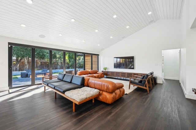 living room with high vaulted ceiling, dark hardwood / wood-style floors, and wooden ceiling