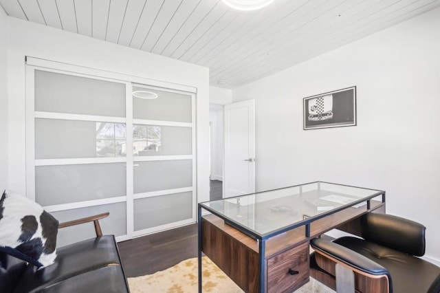 office area with wood ceiling and dark hardwood / wood-style floors