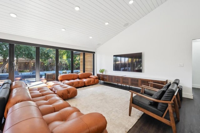 living room featuring wooden ceiling, wood-type flooring, high vaulted ceiling, and plenty of natural light