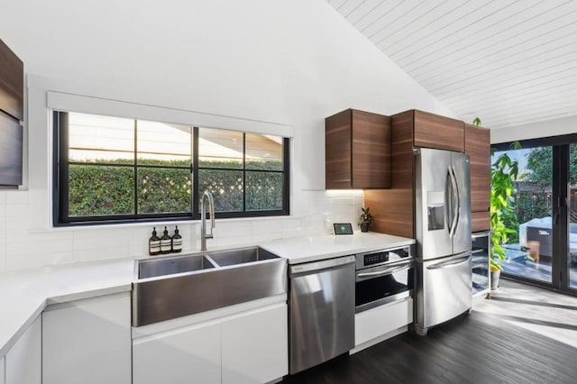 kitchen featuring sink, tasteful backsplash, vaulted ceiling, dark hardwood / wood-style floors, and stainless steel appliances