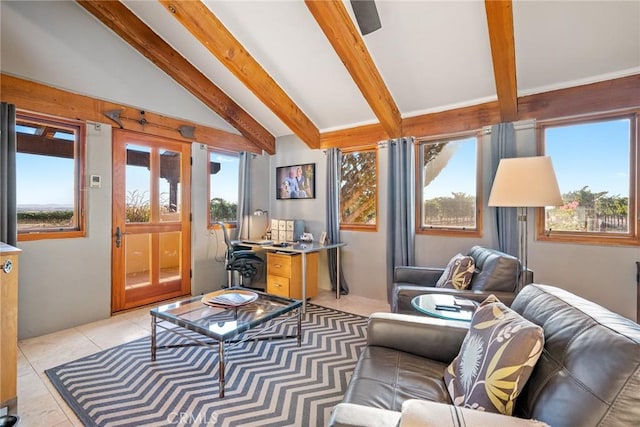 interior space featuring light tile patterned flooring and vaulted ceiling with beams