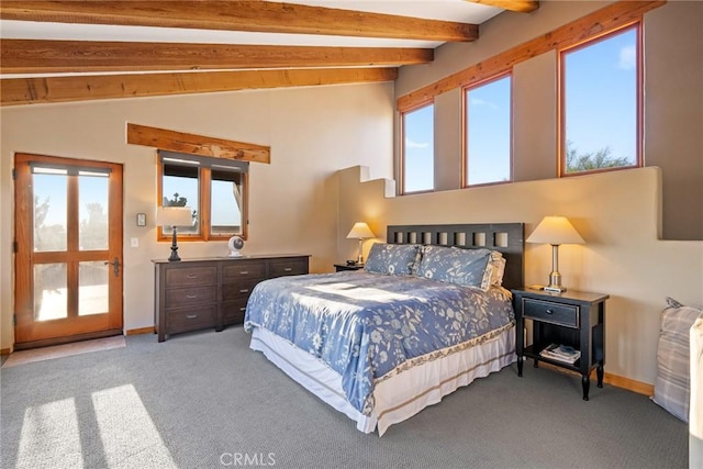 bedroom featuring light carpet, vaulted ceiling with beams, and multiple windows