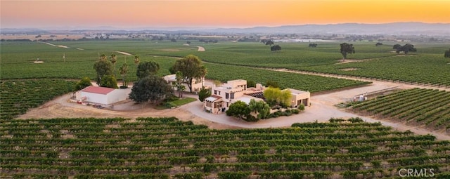 aerial view at dusk featuring a rural view