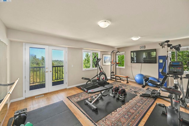 exercise room featuring french doors and light hardwood / wood-style floors