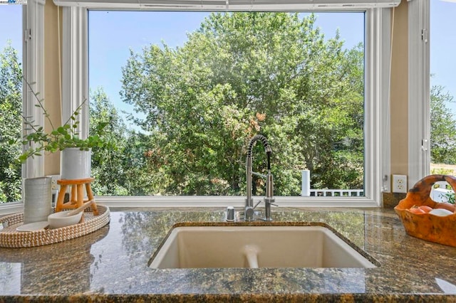 interior details featuring sink and dark stone countertops