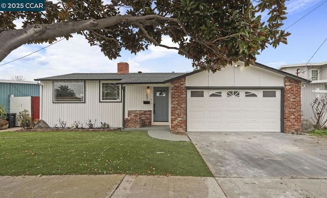 ranch-style home featuring a garage and a front lawn