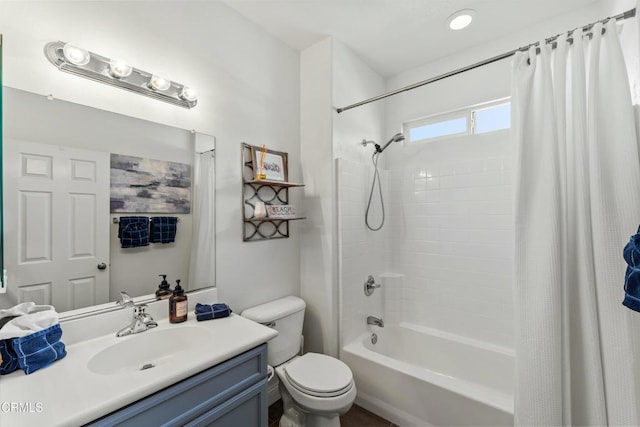 full bathroom with toilet, vanity, and shower / bathtub combination with curtain