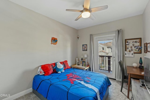 carpeted bedroom with ceiling fan and access to outside