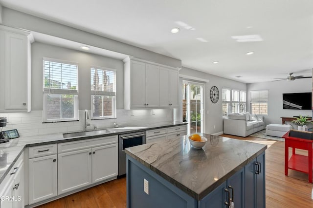 kitchen featuring blue cabinets, sink, stainless steel dishwasher, a kitchen island, and white cabinets