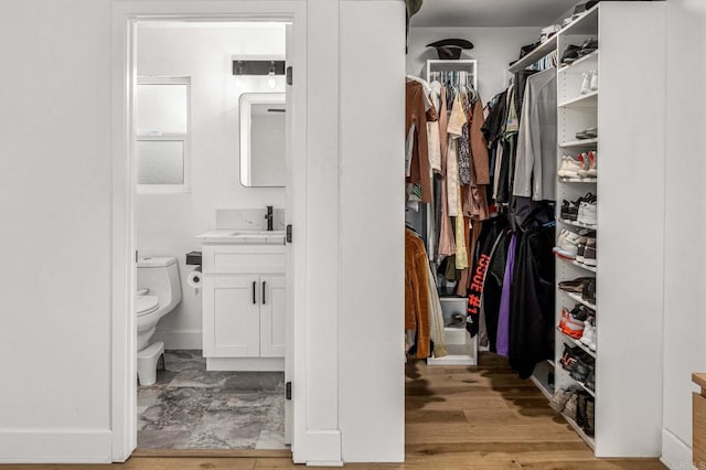 bathroom with vanity, toilet, and wood-type flooring