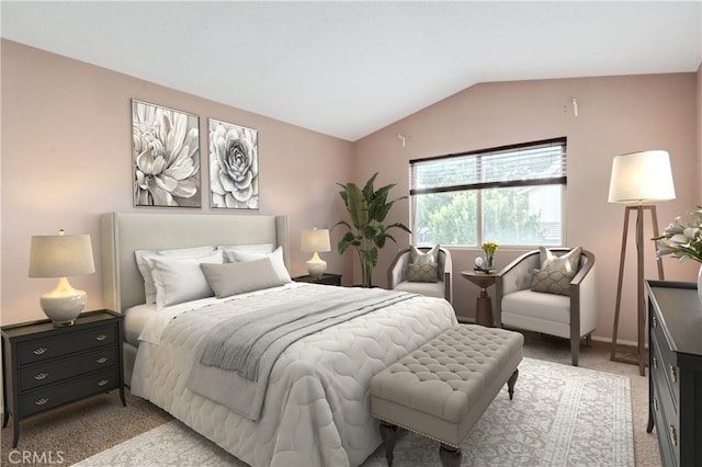 bedroom featuring vaulted ceiling and light carpet